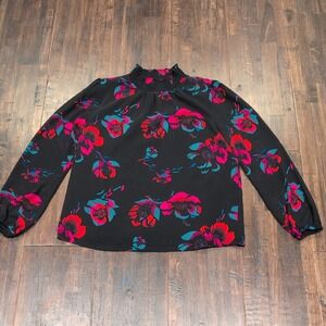 J. Crew Black Floral Mock Neck Smocked Long Sleeve Flowy Blouse Womens XS Lined